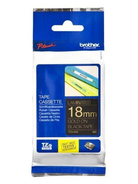 ETIQUETA NEGRA CONTINUA LAMINADA BROTHER TZE344 DE 18 MM DE ANCHO X 8 MTS DE LARGO. IMPRESION EN DORADO.