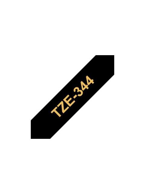 ETIQUETA NEGRA CONTINUA LAMINADA BROTHER TZE344 DE 18 MM DE ANCHO X 8 MTS DE LARGO. IMPRESION EN DORADO.