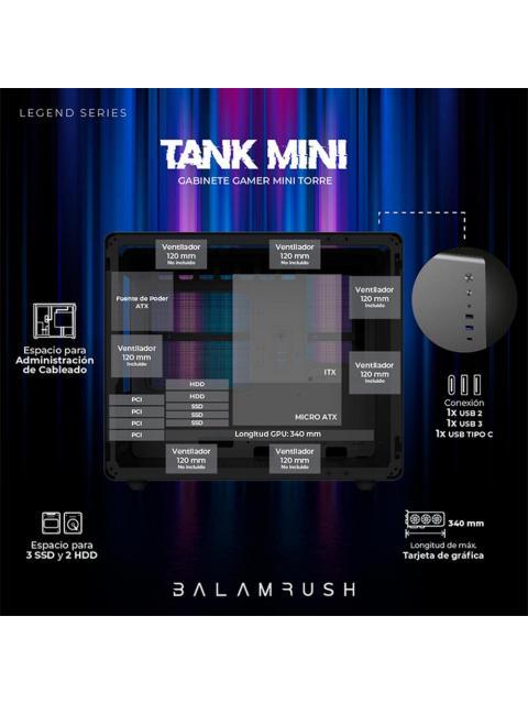 GABINETE BALAM RUSH TANK MINI GI930 CON VENTANA MINI-TOWER ITX-MINI-ATX USB 3.0-C SIN FUENTE 3 VENTILADORES ARGB INSTALADOS NEGRO