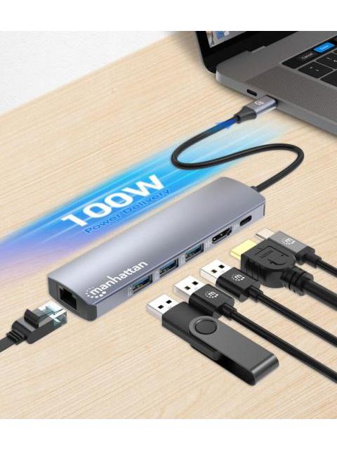 MANHATTAN HUB USB-C MACHO - 3X USB 3.0 1X USB-C 1X HDMI 1X RJ-45 GRIS