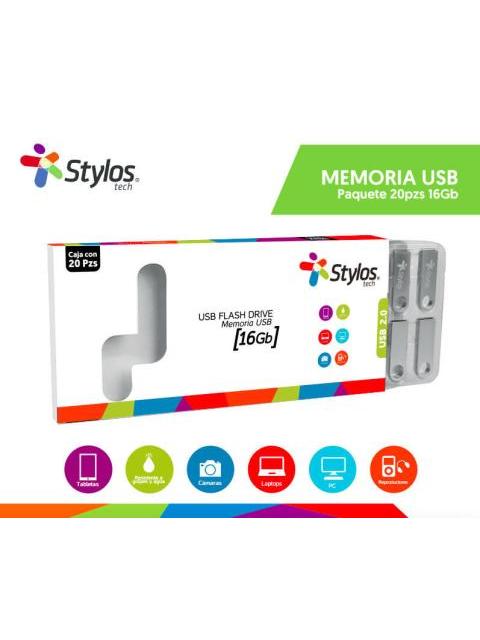 MEMORIA USB STYLOS ST100 16GB USB 2.0 PLATA 20 PIEZAS