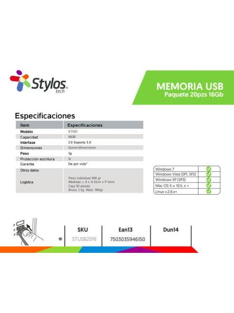 MEMORIA USB STYLOS ST100 16GB USB 2.0 PLATA 20 PIEZAS