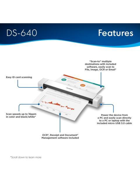 SCANNER PORTATIL BROTHER DS640 1200 X 1200 DPI ESCANER COLOR USB 3.0 NEGRO-BLANCO