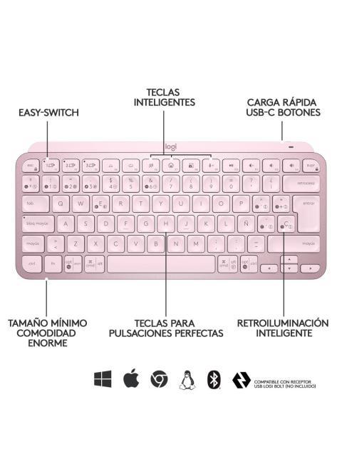 TECLADO LOGITECH MX KEYS MINI INALAMBRICO RF WIRELESS-BLUETOOTH ROSA (ESPANOL)