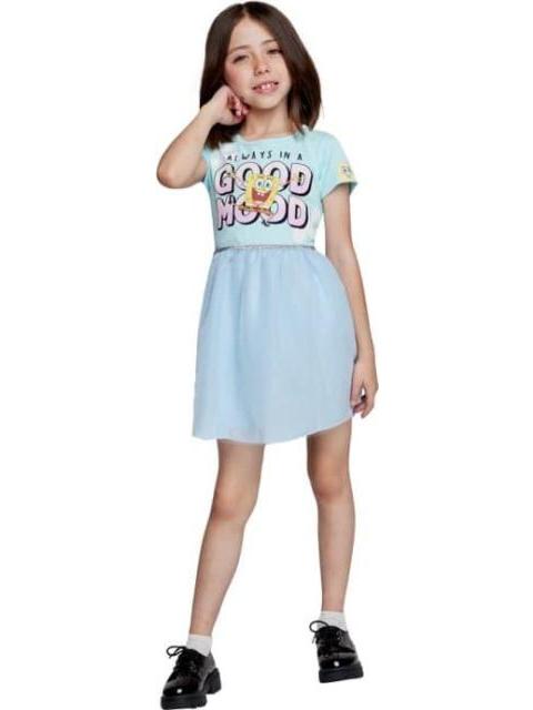VESTIDO ESTAMPADO APLICACIONES AZUL MENTA BOB ESPONJA
