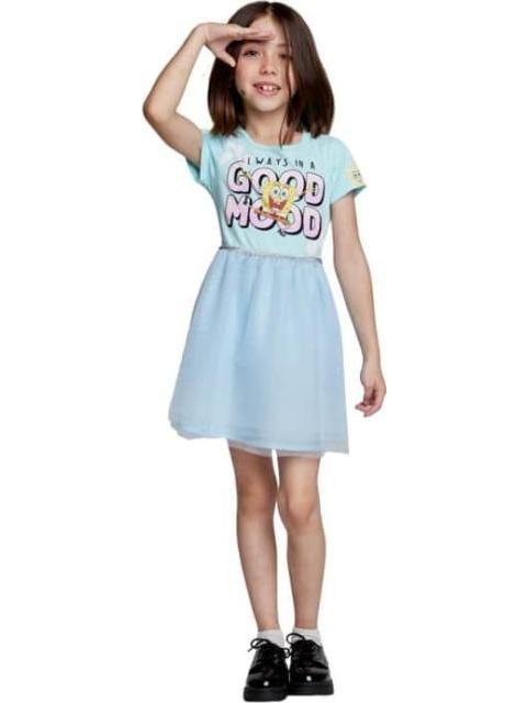 VESTIDO ESTAMPADO APLICACIONES AZUL MENTA BOB ESPONJA