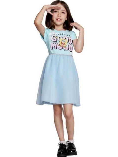 VESTIDO ESTAMPADO APLICACIONES AZUL MENTA BOB ESPONJA